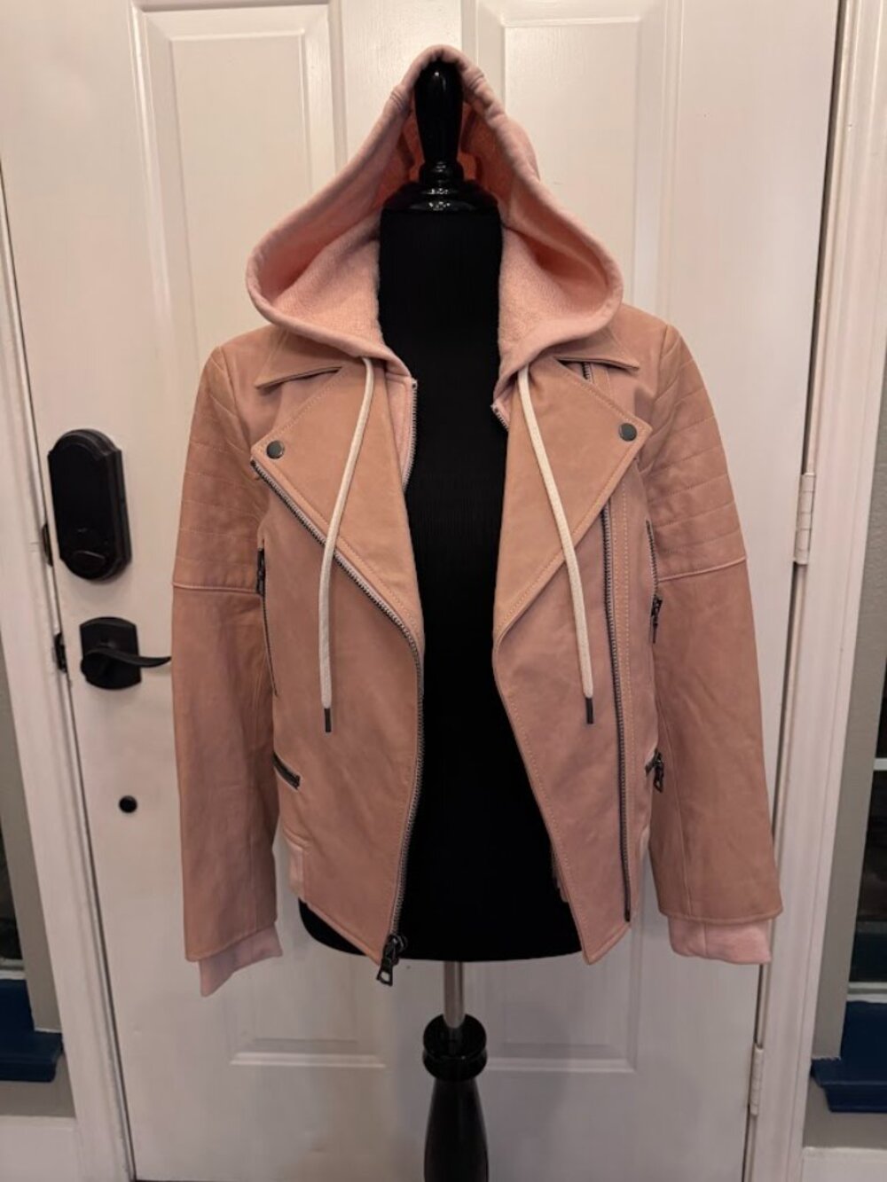NWOT Alice + Olivia AO.LA Avril Hooded 100% Leather Biker Jacket Barbie Pink - M